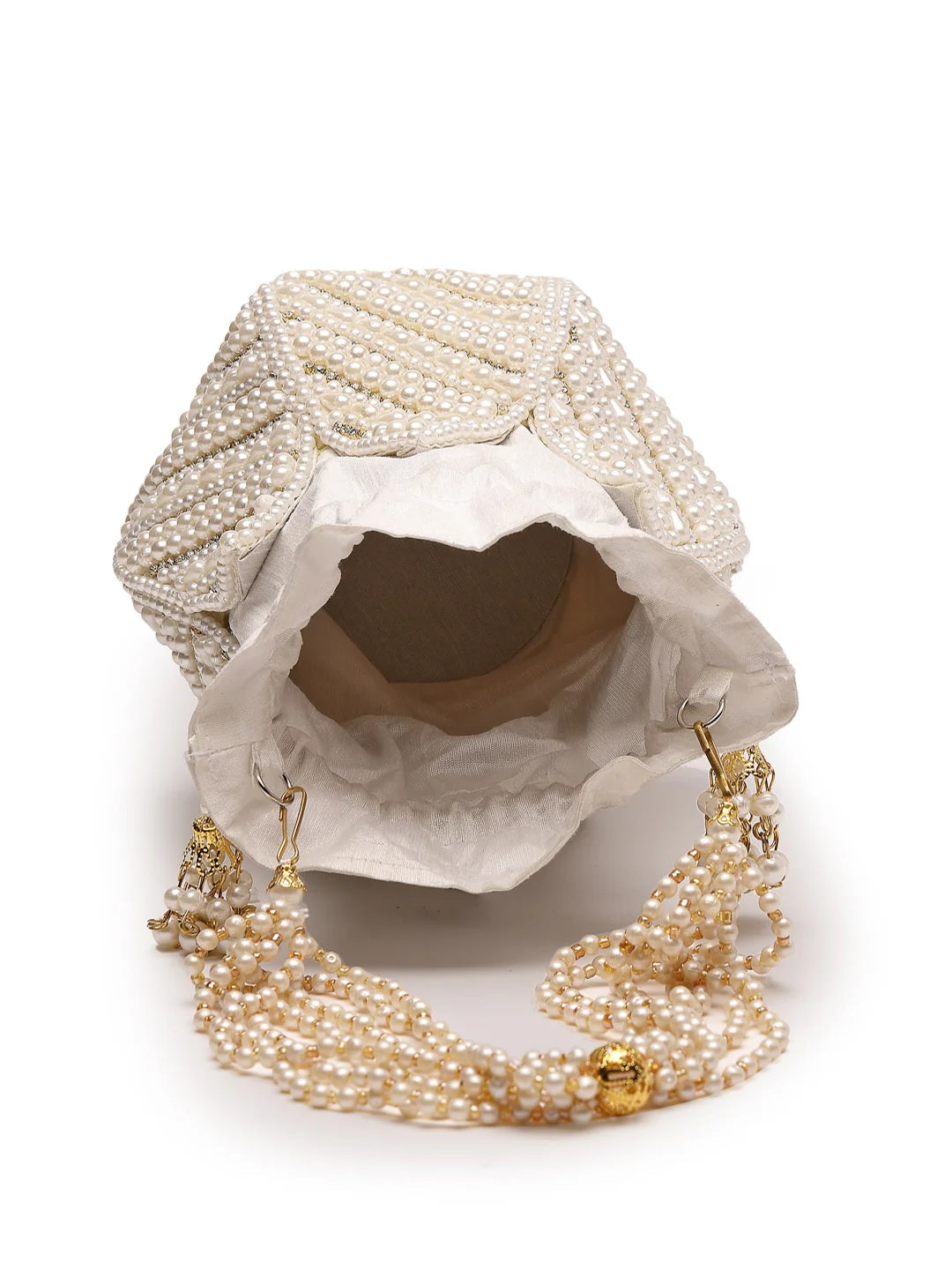 Lotus Pearl Embellished Faux Silk Potli Bag