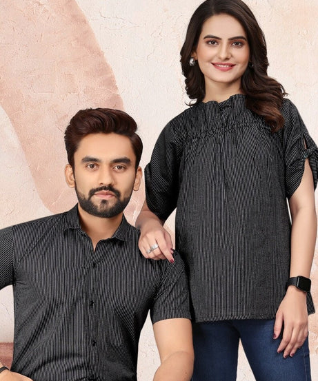 Pure Cotton Lining Pattern Tunic Top & Shirt Combo Set