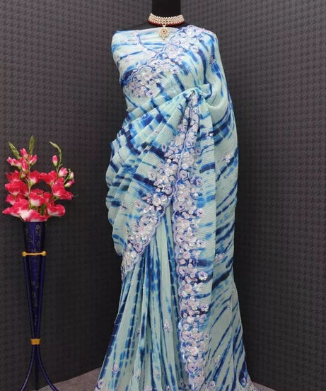 Traditional Soft Crush Multi Color Print Georgette Saree And Blouse