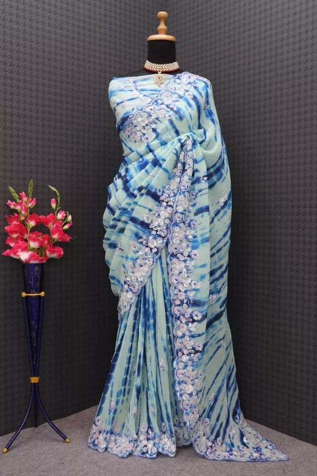 Traditional Soft Crush Multi Color Print Georgette Saree And Blouse