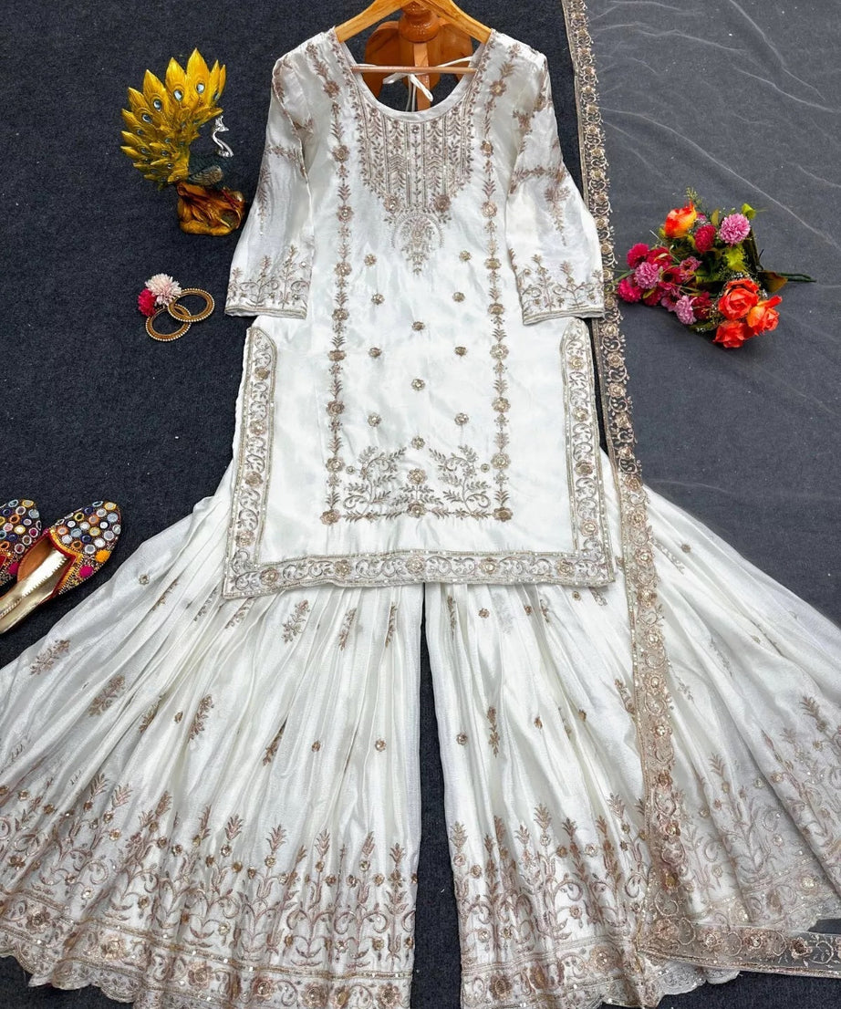 Chinon Silk Traditional Wedding Wear Latest Top Sharara & Dupatta