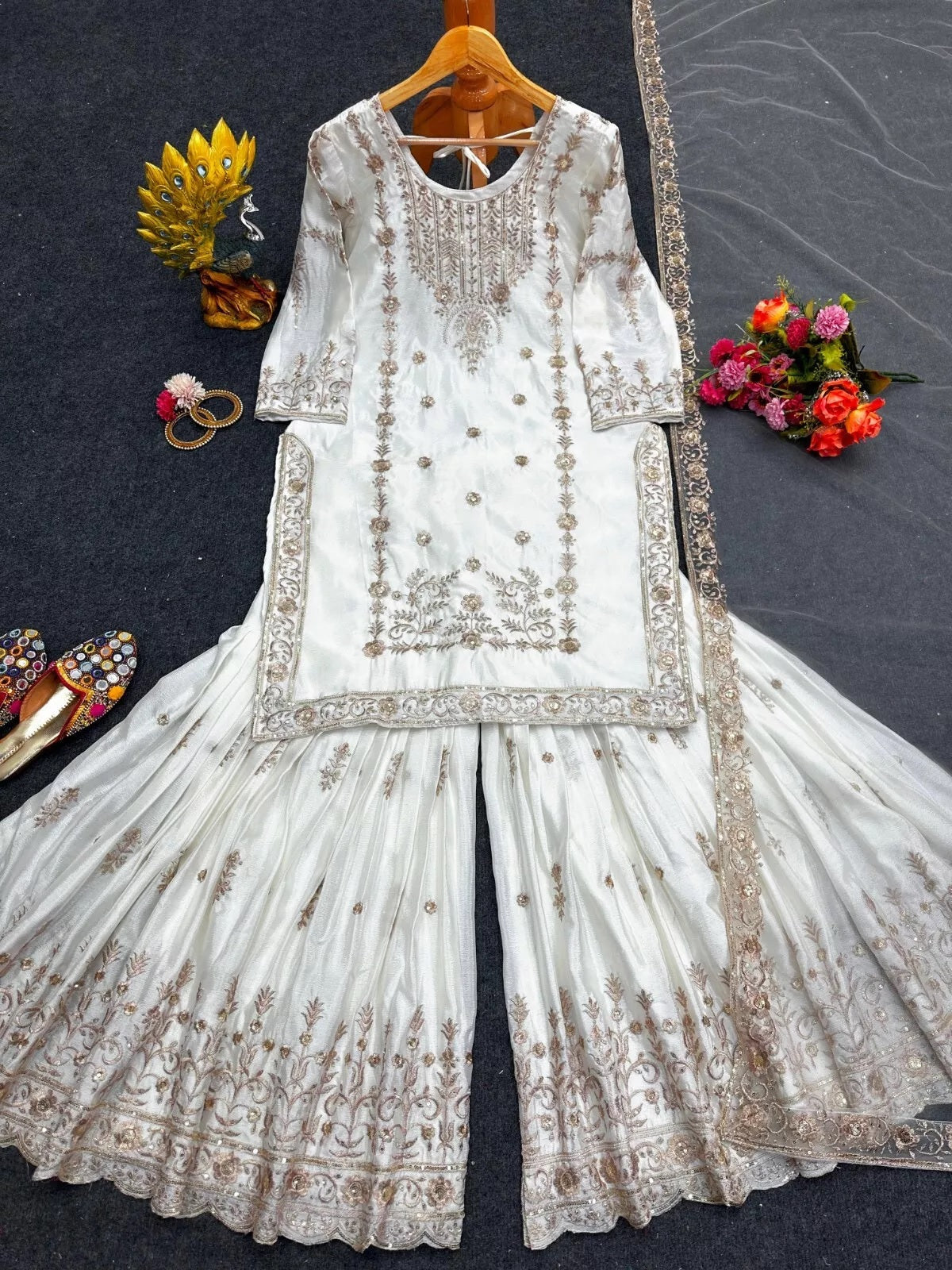 Chinon Silk Traditional Wedding Wear Latest Top Sharara & Dupatta