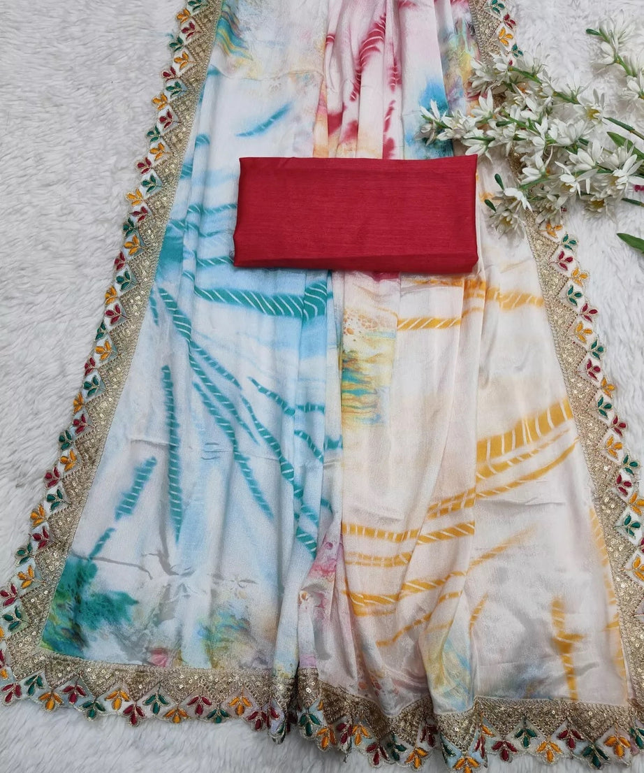 Soft Chinon Silk Printed Designer Sari With Blouse