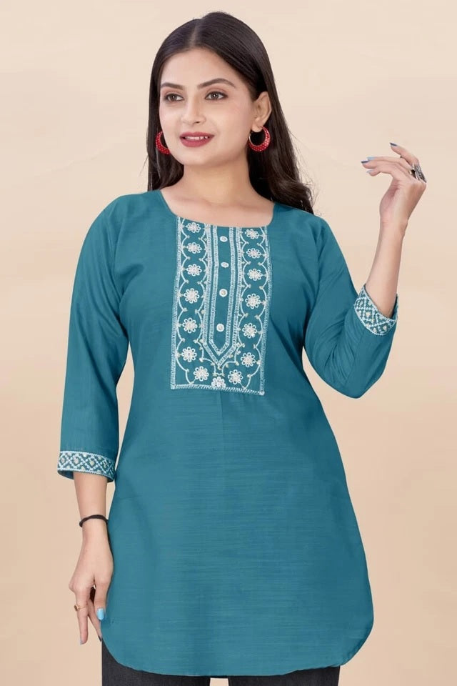 Stylish Rayon Kurti, With Embroidery Sequens Work Short Top Kurti