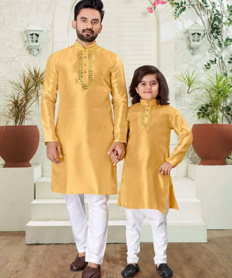 Silk Kurta Pajama Set For Men's & Kid's Combo Set