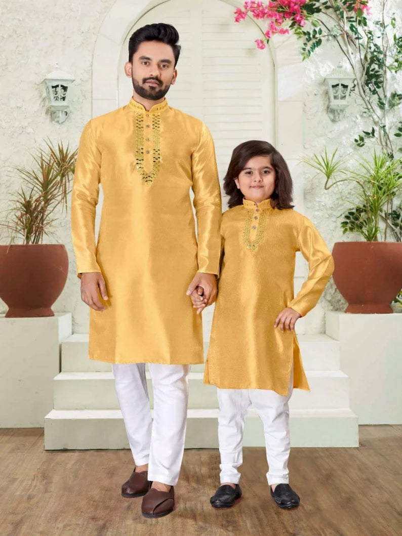 Silk Kurta Pajama Set For Men's & Kid's Combo Set