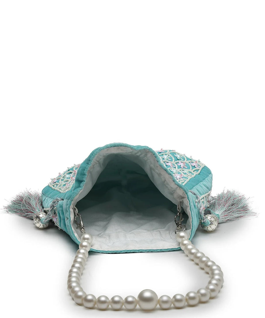 Dangle Fish Scale Embellished Velvet Potli Bag