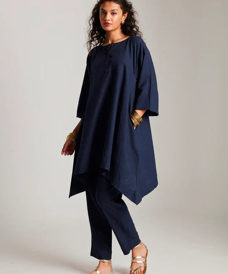 Navy Co-Linen High Low Kurta Set