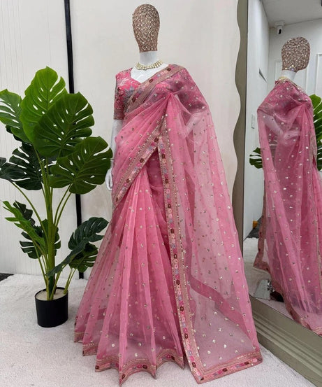 Pink Heavy Soft Tissue Organza Silk Saree, Wedding Wear Sari With Blouse