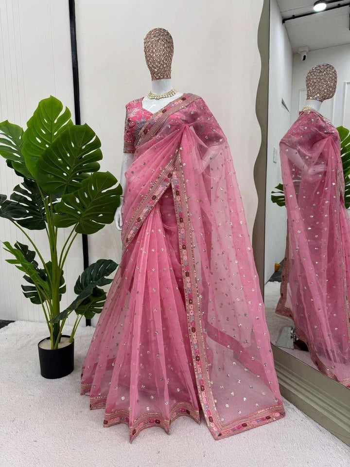 Pink Heavy Soft Tissue Organza Silk Saree, Wedding Wear Sari With Blouse