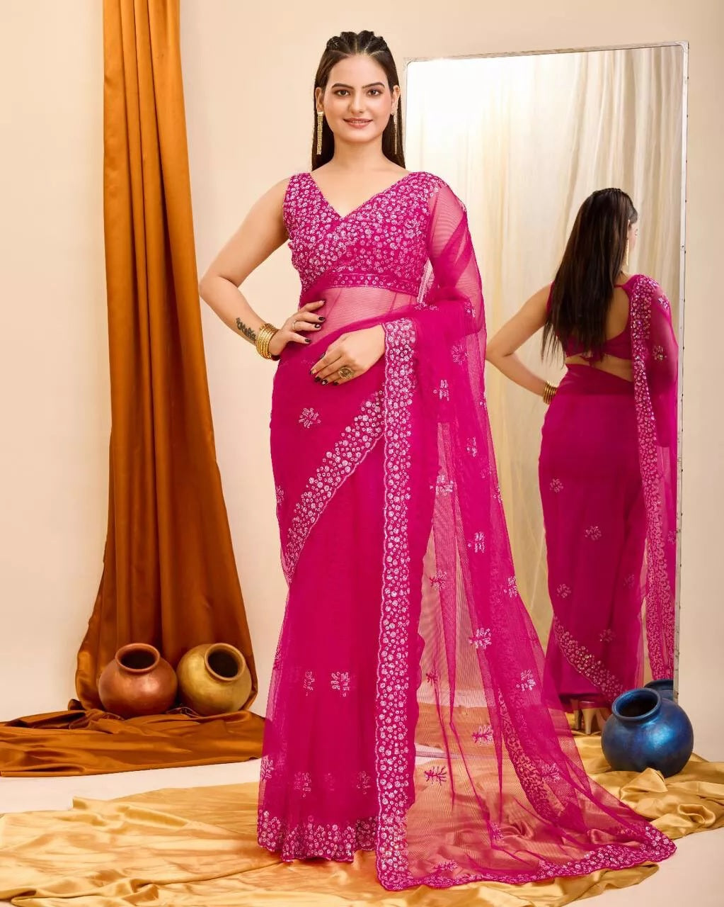 Soft Net  3MM Sequence Embroidery Work Saree & Blouse