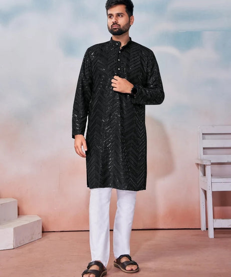 Heavy Rayon Chikan Work Kurta Pajama Set For Men's