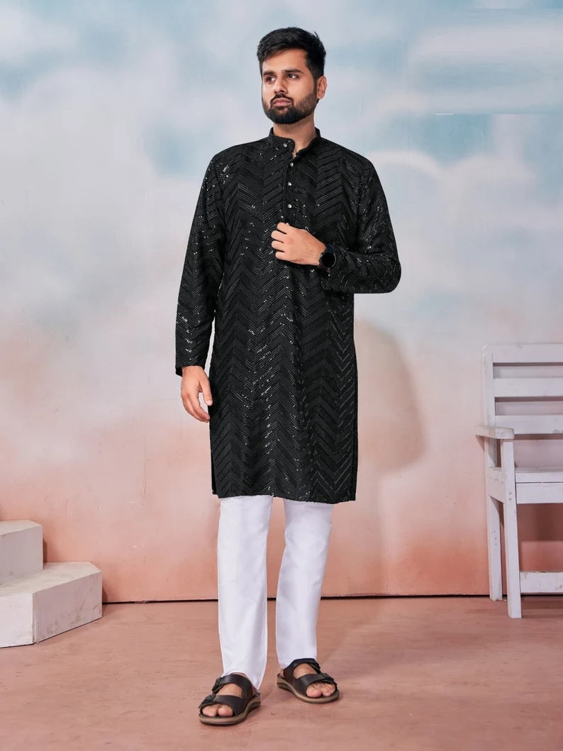 Heavy Rayon Chikan Work Kurta Pajama Set For Men's