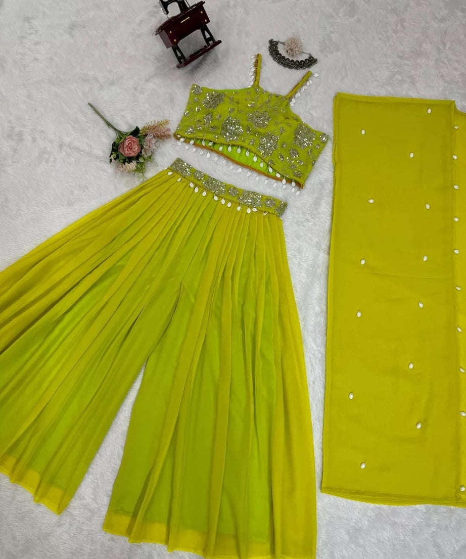 Georgette Sequence & Kodi Lace Border Choli Sharara With Koti