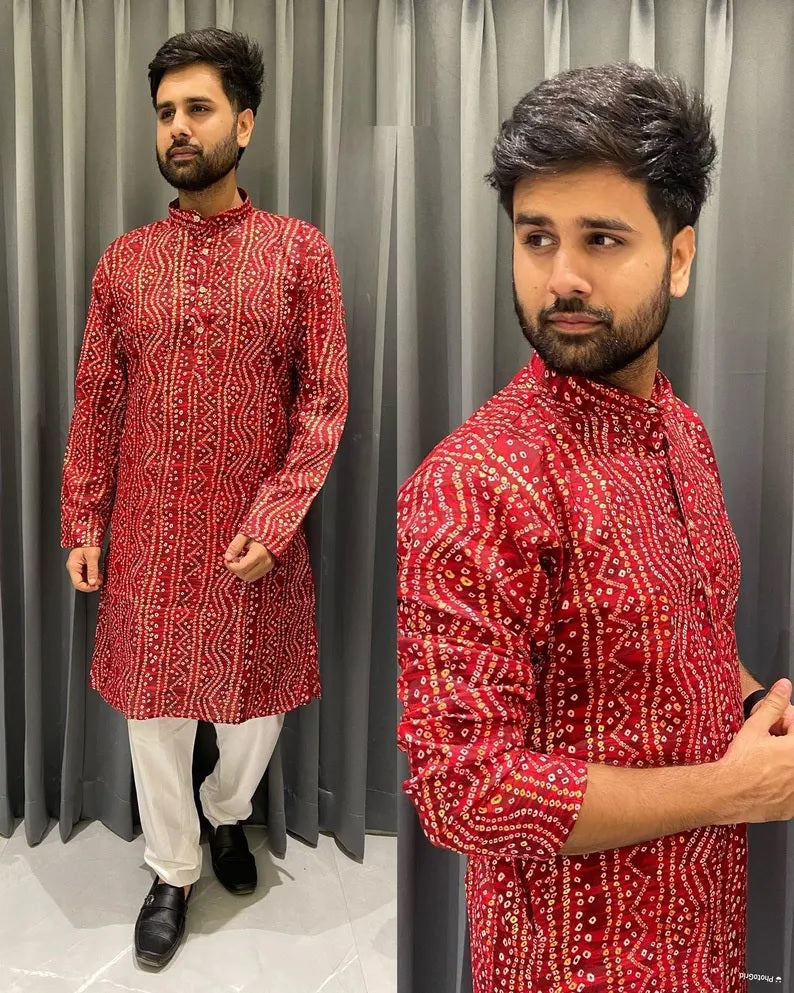Men's Cotton Bandhani Print Kurta Pajama Set