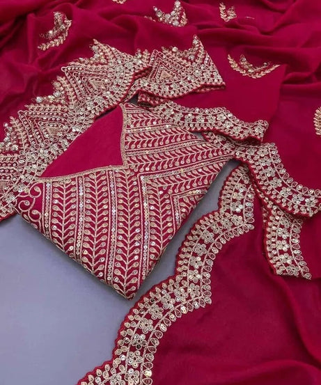 Soft Vichitra Silk With Fancy Thread Work & Sequence Work Saree With Blouse