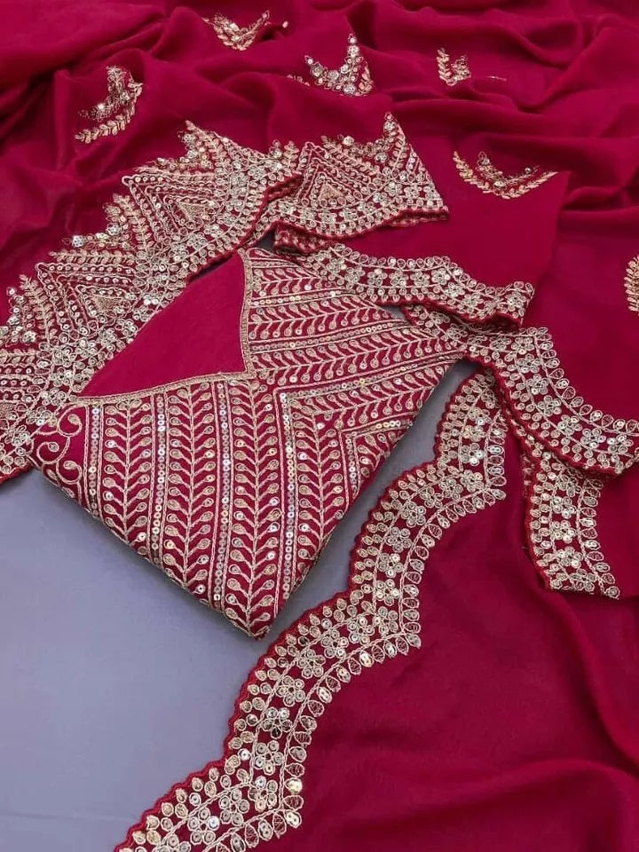Soft Vichitra Silk With Fancy Thread Work & Sequence Work Saree With Blouse