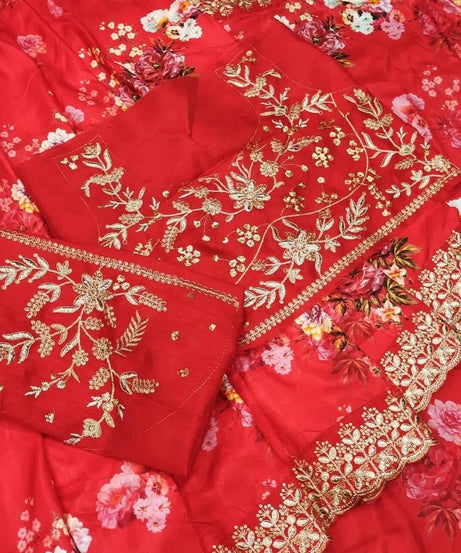 Soft Vichitra Silk Embroidery Sequence Work Saree With Blouse
