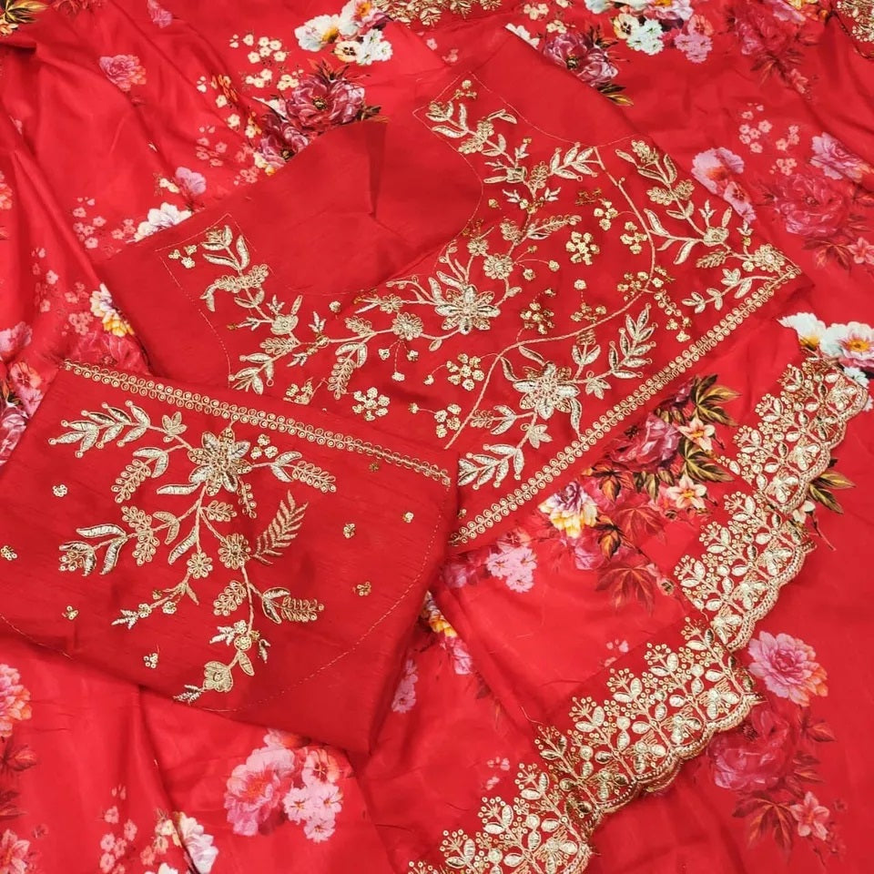 Soft Vichitra Silk Embroidery Sequence Work Saree With Blouse