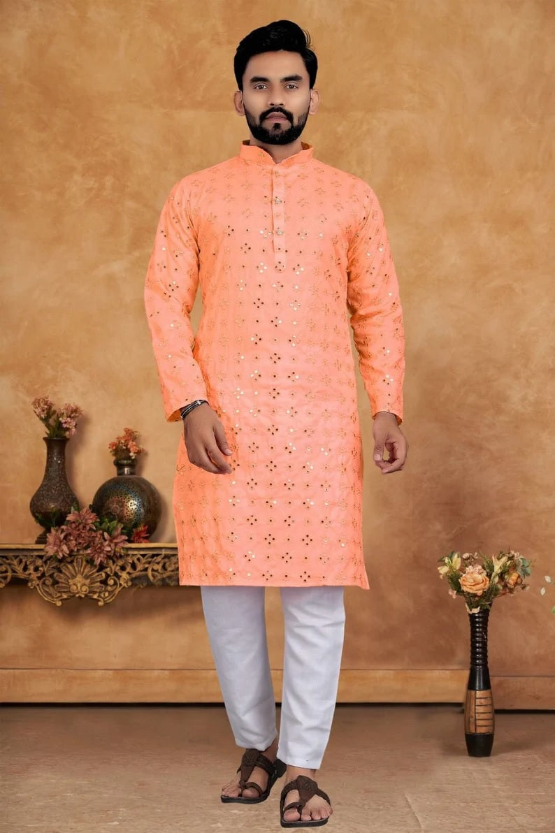 Men's Cotton With Embroidery Work Kurta Pajama Set