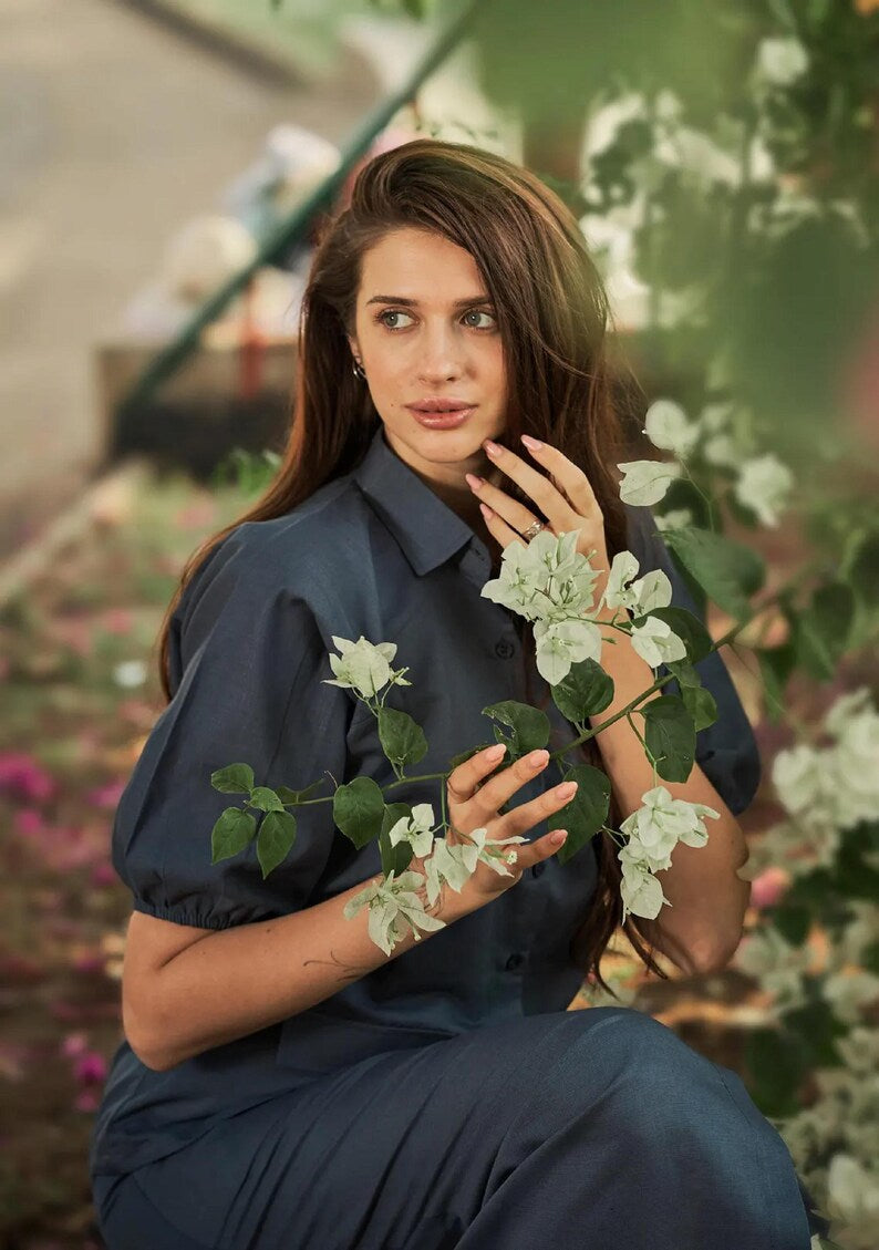 Linen Reglan Sleeve Shirt With Aline Skirt for women