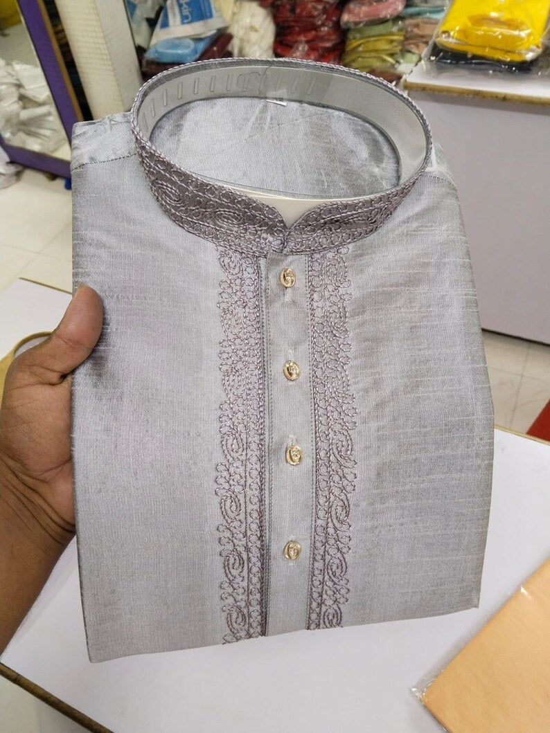 Cotton With Embroidery Work Kurta Set For Men's