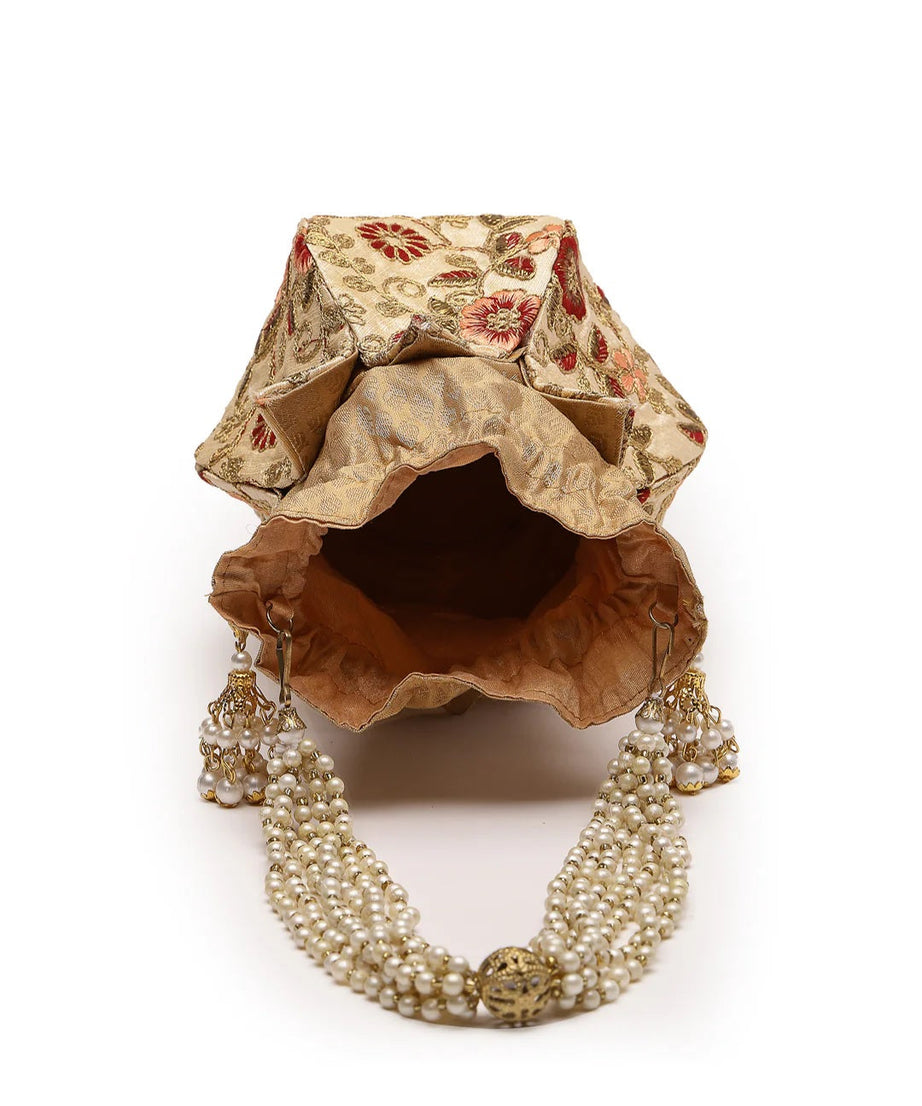 Lotus Floral Embellished Faux Silk Potli Bag