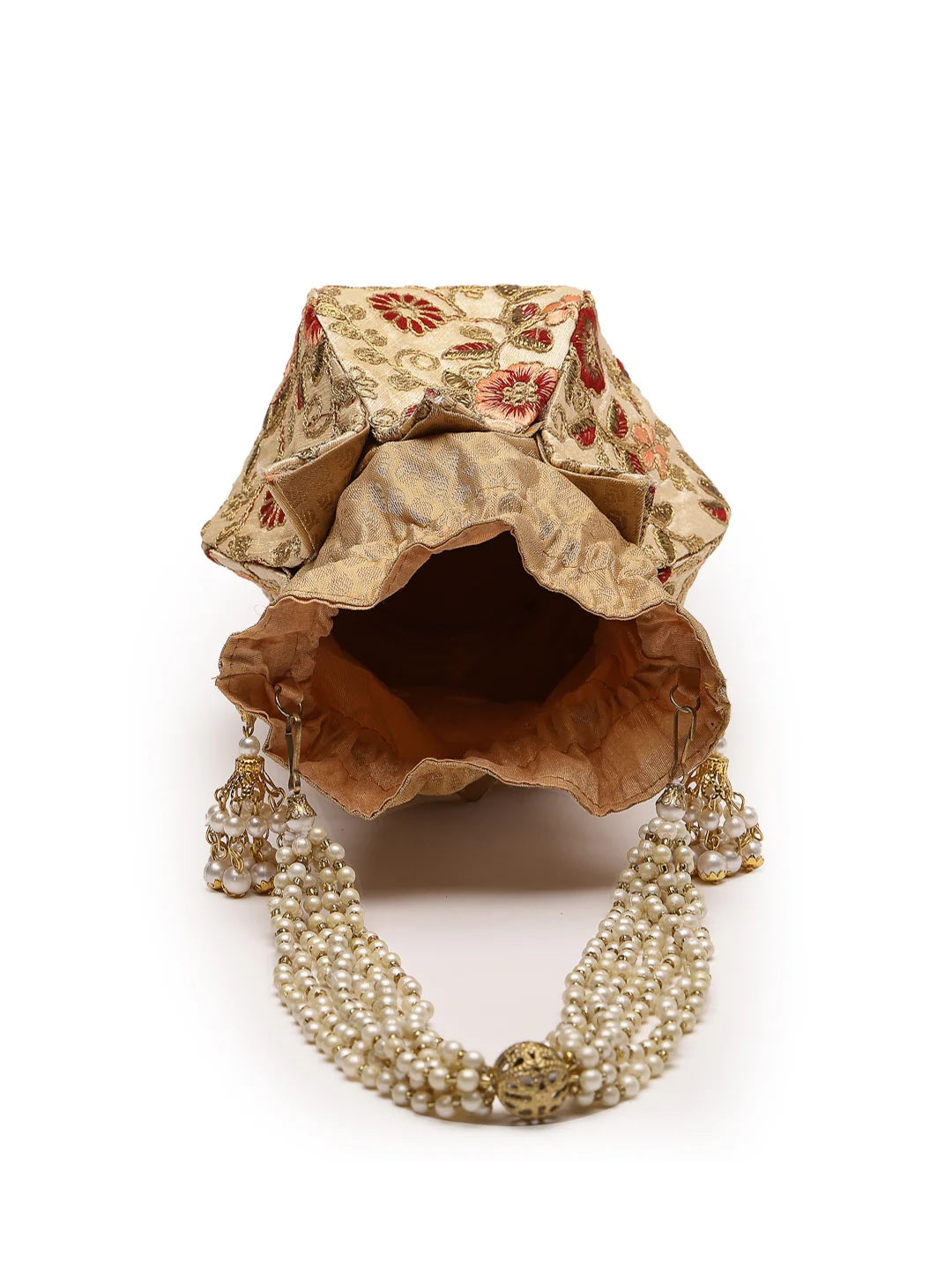 Lotus Floral Embellished Faux Silk Potli Bag