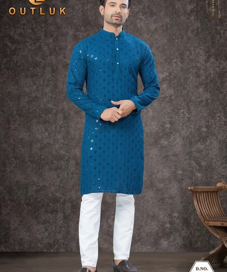 Traditional Wear Rayon Sifly Lakhnawi Kurta Pajama Set For Men's
