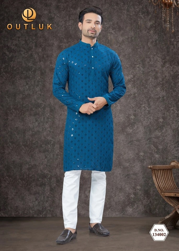 Traditional Wear Rayon Sifly Lakhnawi Kurta Pajama Set For Men's