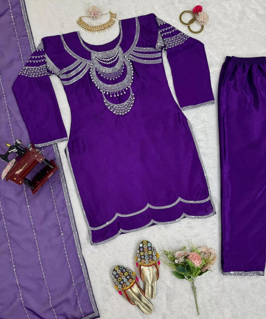 Chinon Silk Bollywood Designer Stylish Top Pant & Dupatta