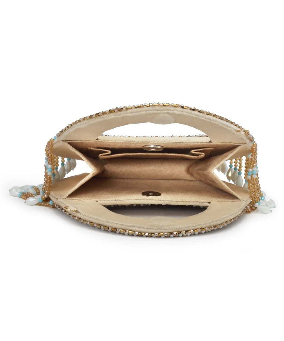 Dangle Bead Work Embellished Suede Clutch