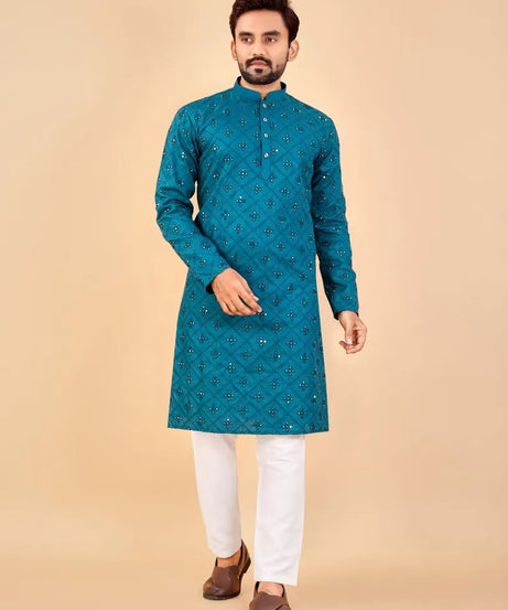 Embroidery Mirror Work Men's Kurta Pajama Set