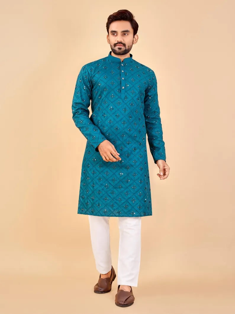 Embroidery Mirror Work Men's Kurta Pajama Set