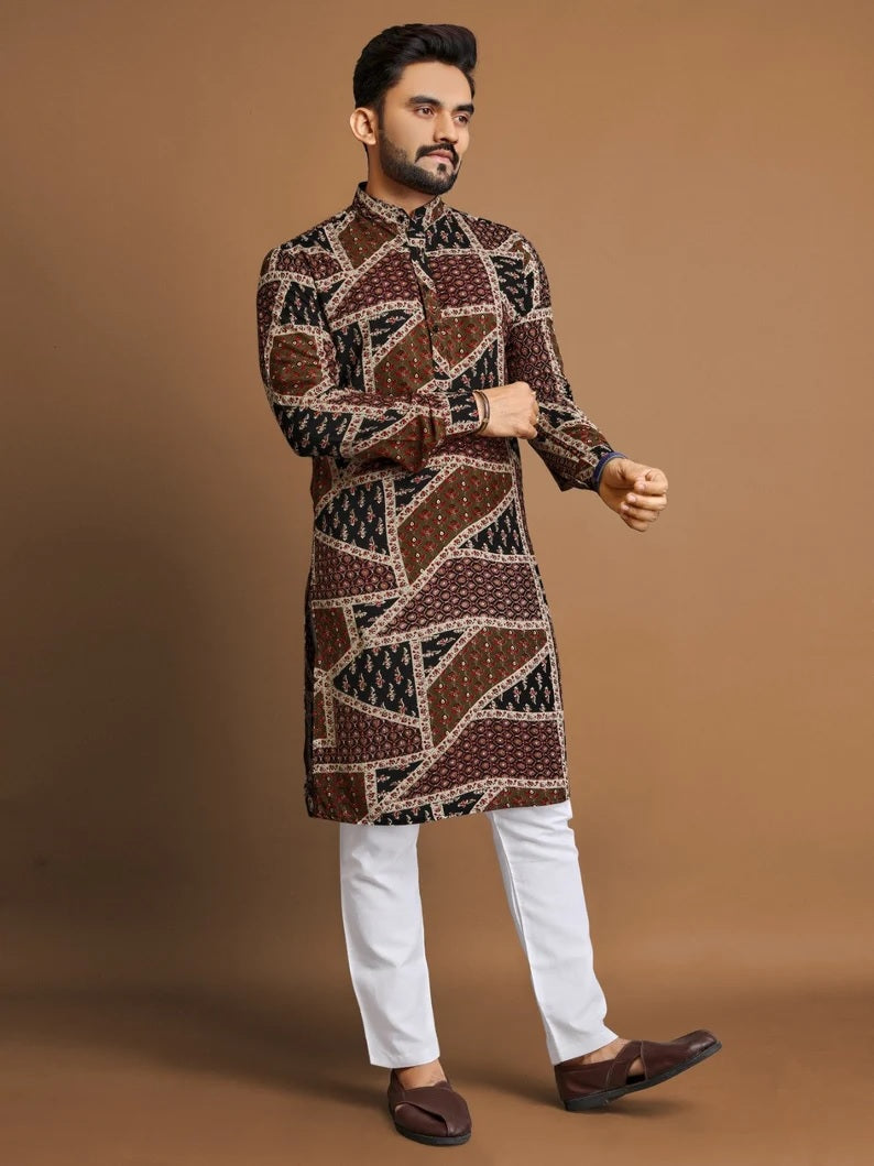 Men's Soft Cotton Foil Print Designer Kurta Pajama Set