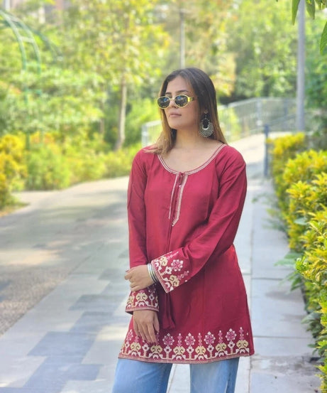 Short Stylish Heavy Rayon With Embroidery Work Printed Kurti