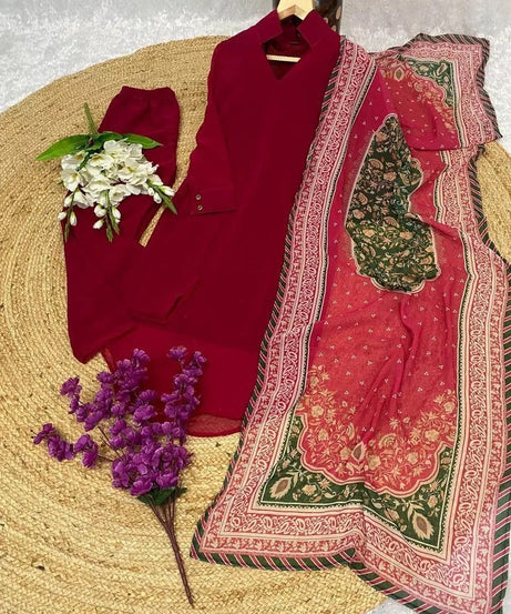 Faux Georgette Kurti Pant Duppata Set For Women's