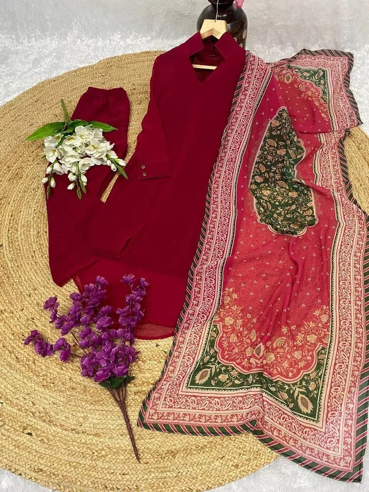 Faux Georgette Kurti Pant Duppata Set For Women's