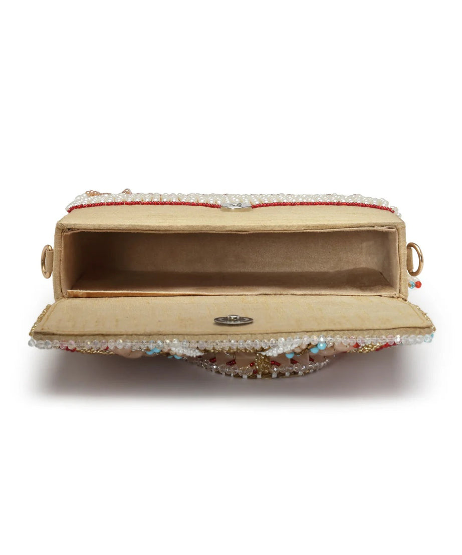 Dangle Bead Work Embellished Faux Silk Clutch