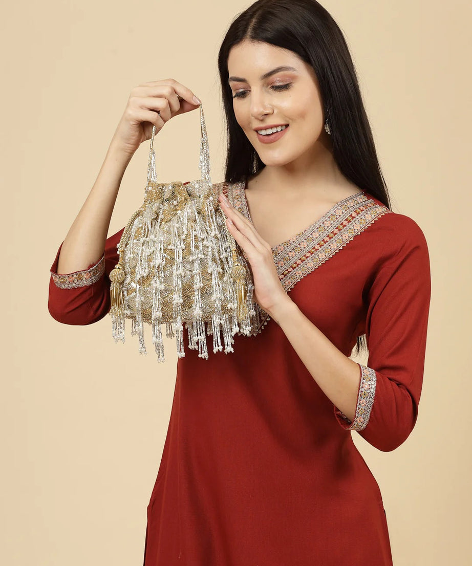 Droop Palmette Embellished Suede Potli Bag