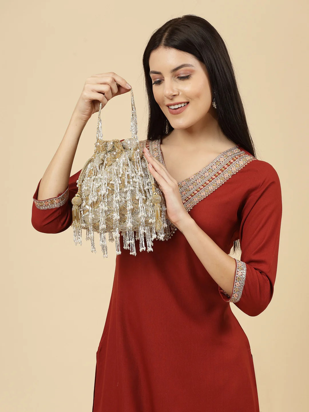 Droop Palmette Embellished Suede Potli Bag