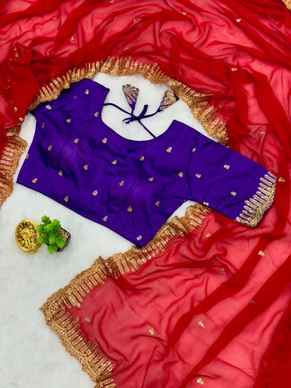 Rich Soft Georgette Fabric With Golden Tunic Sequence Work Saree With Blouse