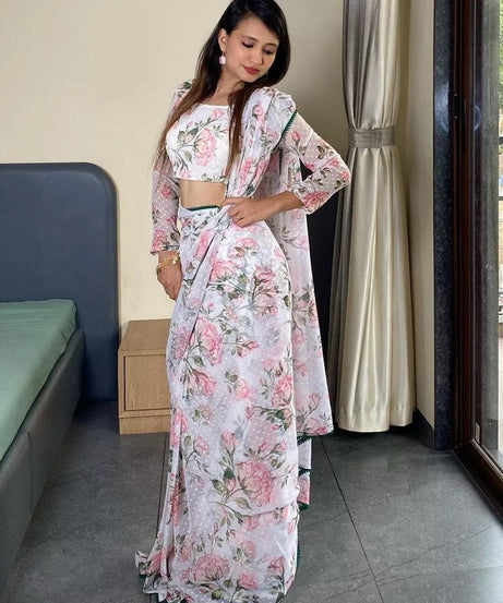 Pure Soft Georgette Silk Ready To Wear Sari With Blouse