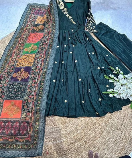 Heavy Pure Chinon Silk With Embroidery Work FullSleeves Gown Bottom Dupatta