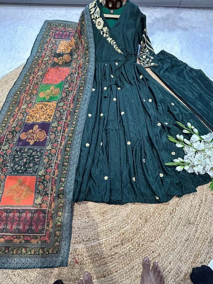 Heavy Pure Chinon Silk With Embroidery Work FullSleeves Gown Bottom Dupatta