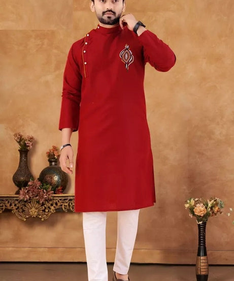 Men's Slub Cotton Kurta Pajama Set, Traditional Wedding Wear Long Kurta Set