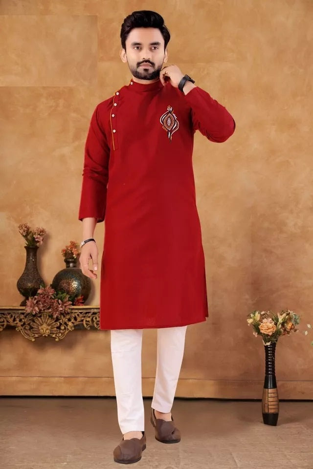 Men's Slub Cotton Kurta Pajama Set, Traditional Wedding Wear Long Kurta Set
