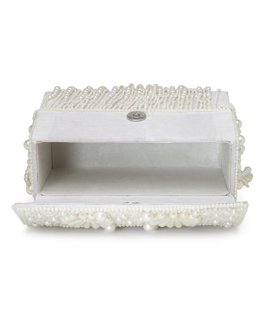 Coffer Bead Work Embellished Faux Silk Clutch