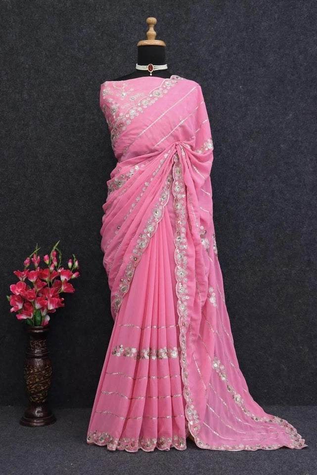 Heavy Pure Soft Georgette Bollywood Party Saree,Wedding Wear Sari With Blouse