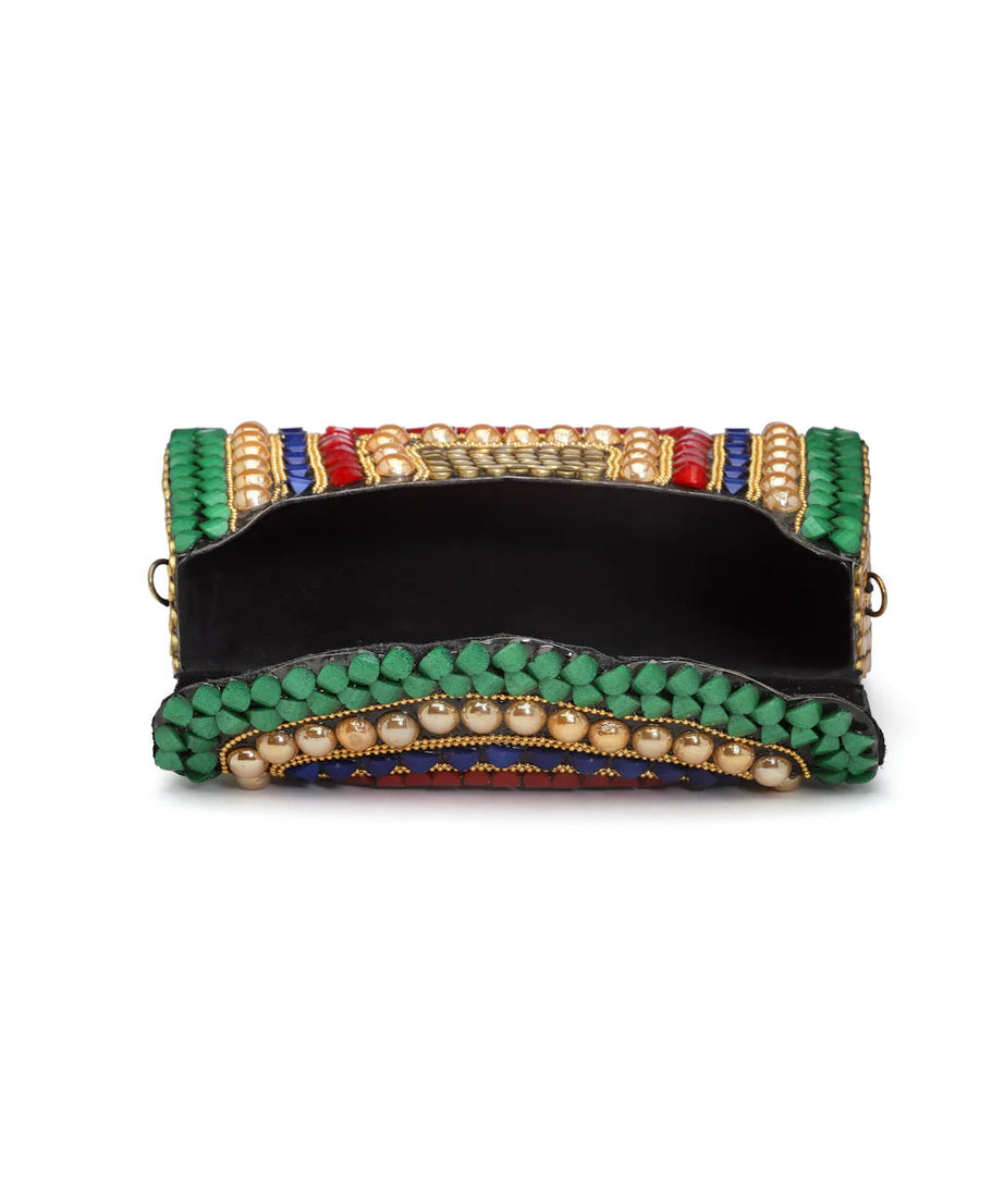 Mosaic Stone Work Embellished Metal Clutch